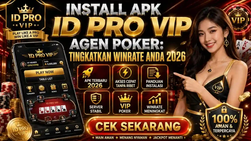 Chaindrivediff - Infografis langkah-langkah instalasi APK ID Pro VIP Agen Poker versi terbaru 2026 dengan latar belakang premium.